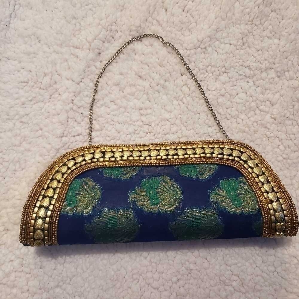 mini party bag in blue, green and gold very nice